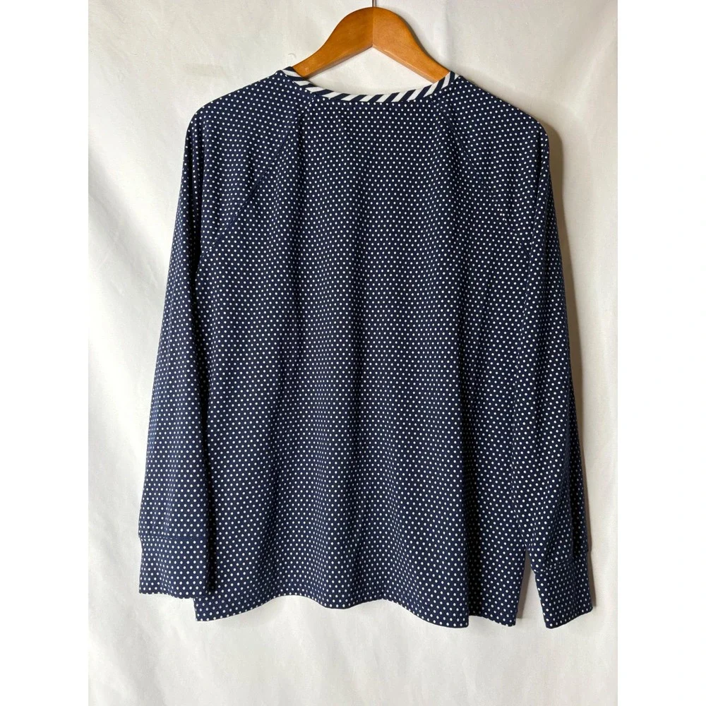 Lands End Womens Navy Polka Dot Pajama Set Long Sleeve Top and Pants Large 14-16